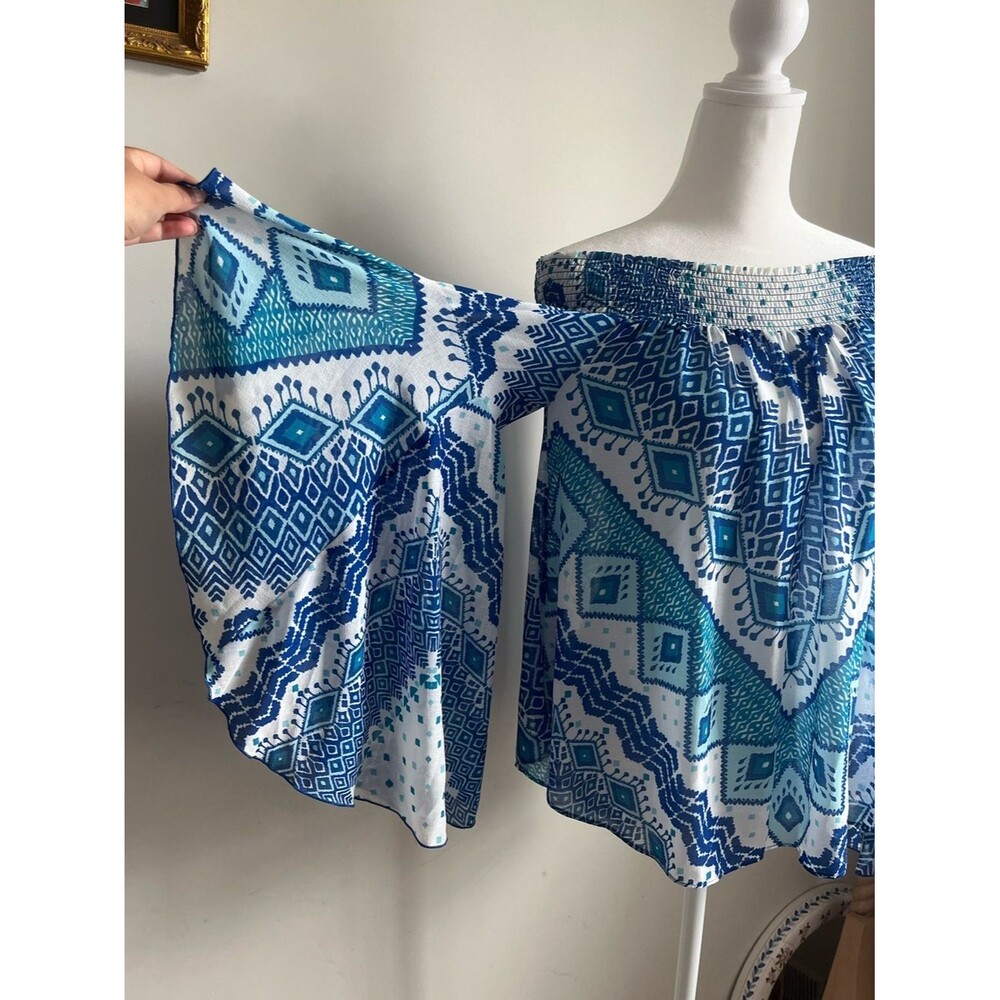 Ramy Brook Off Shoulder whimsical Romantic Printed Flowy Blouse Bell sleeve XS